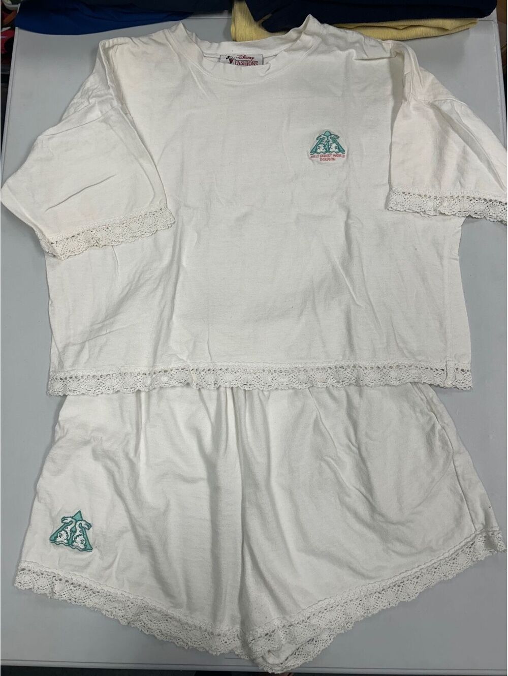 Vintage Walt Disney World Dolphin White Pajama Set with Lace Trim